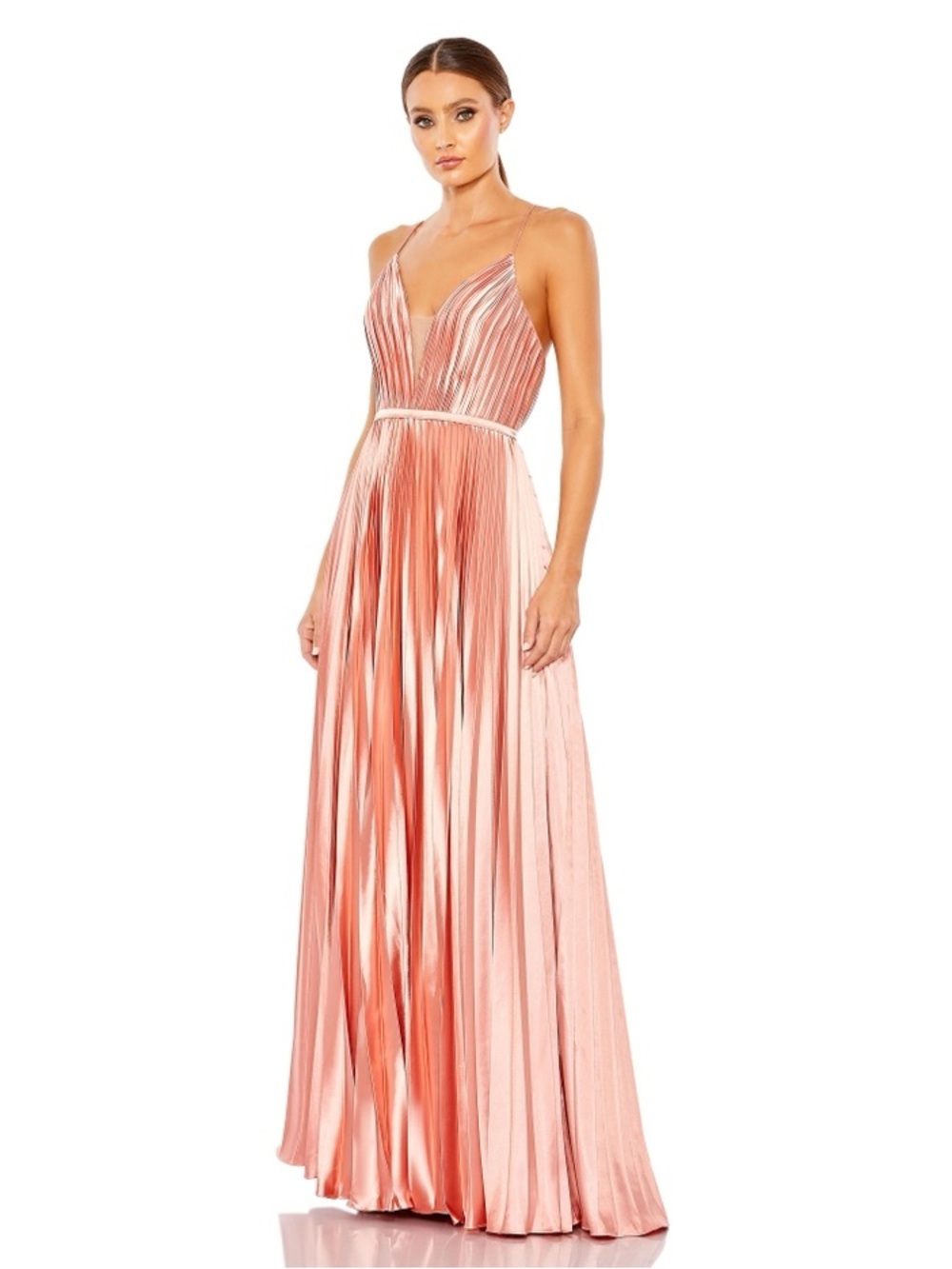 Mac Duggal Pleated Plunge Neck Maxi Dress